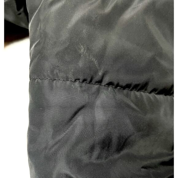 Bebe Long Black Puffer Coat Belted Gold Accents Womens L Double Zipper Hooded - Picture 16 of 16